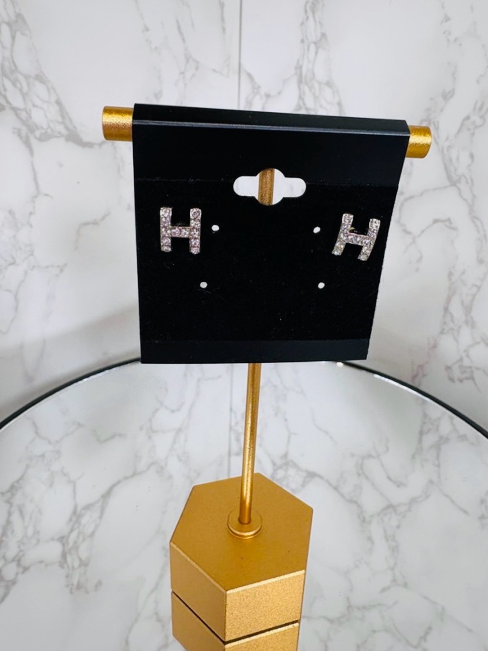 A-1DC-34: EARRINGS: Letter “H” Silver w/Rhinestones, NWOT - Picture 3 of 10